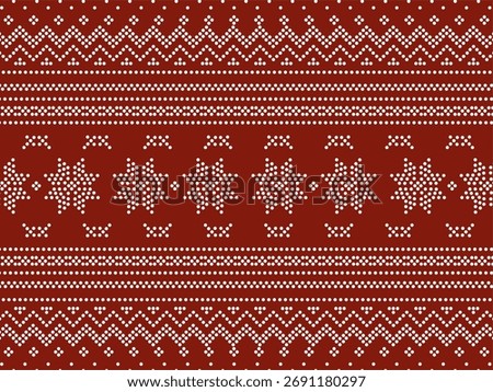 Seamless knitted Christmas pattern with white snowflakes on a red background. Cozy winter textile design inspired by traditional Nordic sweaters. Perfect for holiday wrapping paper, backgrounds.
