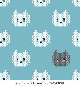 Seamless Knitted Effect Pixel Heads Of Cats. Cute White And Gray Cats On Light Blue Background. Mosaic. Flat Style. Vector illustration