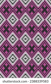 Seamless knitted fabric pattern, pink, white, black pattern, vector illustration.