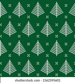 Seamless knitted green pattern with Christmas tree. Christmas backgroung