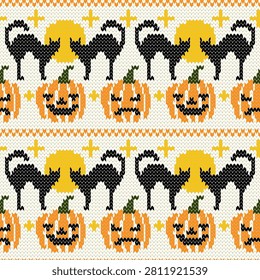 Seamless knitted Halloween vector pattern with spooky cats and pumpkin jack-o-lanterns. Cozy sweater ornament with festive fair isle knitting stitch design for autumn holiday apparel and fabric print