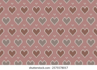 Seamless Knitted Heart Texture Background for Valentine's Day. Pink and Brown Heart Motif Fabric Pattern. Vector illustration.