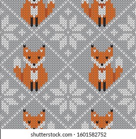 Seamless knitted holiday pattern with snowflakes and foxes. Happy New Year, merry Christmas and winter concept