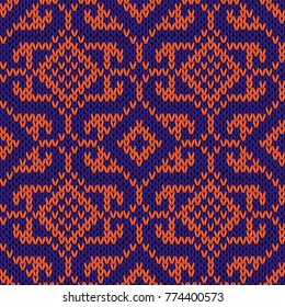 Seamless knitted ornamental vector pattern in violet and terracotta hues as a fabric orient texture