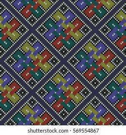 Seamless knitted ornate ethnic vector pattern as a fabric texture in blue, green, turquoise, white, grey and red colors
