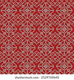 Seamless knitted pattern. Knitted abstract geometric pattern, snowflakes, white on red background. For decoration, design, knitting.