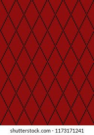Seamless knitted pattern with black rhombuses on a red background. Argyle print. Checkered background. Vector illustration