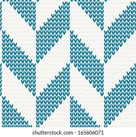 Seamless knitted pattern in blue and beige color. Christmas concept for banner, placard, billboard or web site. New Year retro greeting card and background. Image for invitation. Vector illustration