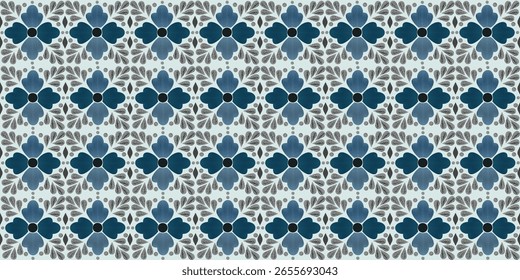Seamless knitted pattern with blue flowers and blue white stripes vintage geometric textile design and drawn Batik seamless pattern. Geometric doodle abstract illustration, Ethnic wallpaper
