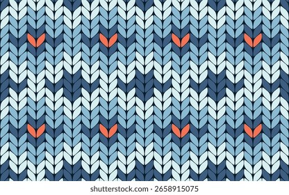 Seamless knitted pattern in blue tones with bright orange accents, ideal for winter textiles, modern sweater designs, and cozy seasonal backgrounds.