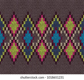 Seamless Knitted Pattern. Blue Yellow Red White Brown Color. Fashionable youth modern style.