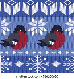 Seamless knitted pattern with bullfinches