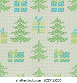 Seamless Knitted pattern with Christmas tree and Gift Boxes. Festive, Holiday, winter vector illustration. Nordic tradition Ugly sweater. Stitch embroidery background in green, blue and yellow colors.