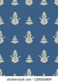 Seamless knitted pattern with Christmas trees and snowmen on a blue background. Christmas background. Ornament. Vector illustration.