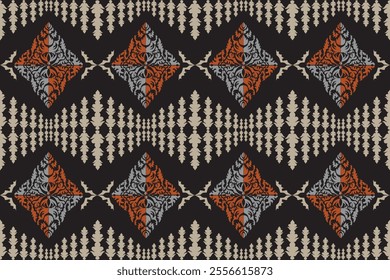 Seamless knitted pattern. Classic Seamless pattern. Bold Black Diamond Floral Motif with Orange and Beige Accents for Fabrics. Vector Illustration for Elegant Textile Design.