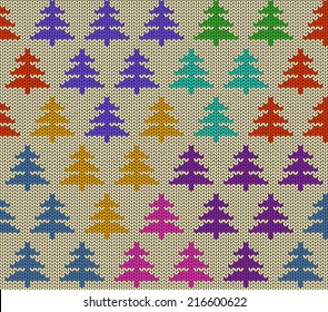 Seamless knitted pattern with colorful fir trees