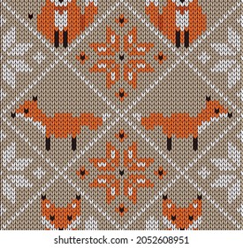 Seamless knitted pattern with cute foxes and snowflakes