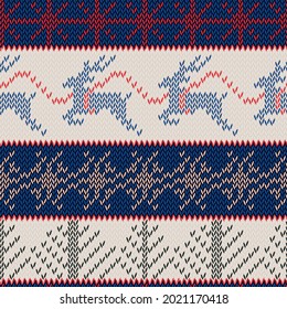 Seamless knitted pattern with deers Christmas tree and snowflakes. Striped ornament vector illustration. Nordic tradition sweater. Stitch embroidery background in red, navy blue and cream colors.