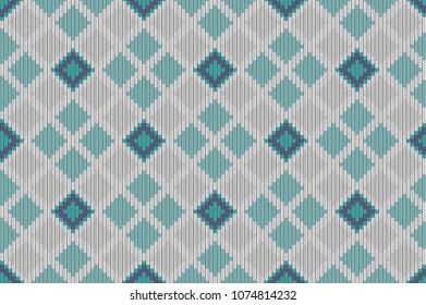 Seamless knitted pattern. Diagonal checkered background for decorative prints, design, wallpapers. Simple fashion picture in a cage. Imitation of a knitted product. Vector illustration. Rhombus form.