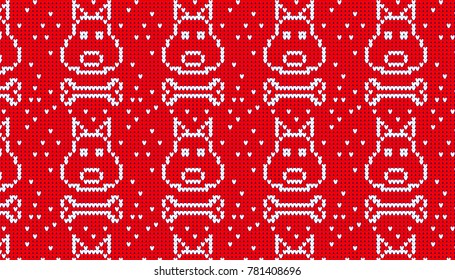 Seamless Knitted Pattern with dog and bone Background. Knitting Sweater Design