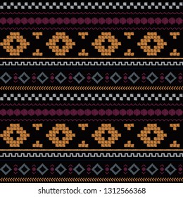 seamless knitted pattern, embroidery, ethnic ornament, fashion print, gray, yellow, purple, black