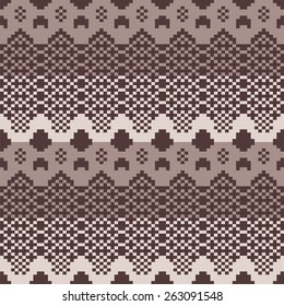 Seamless knitted pattern in Fair Isle style. Knit woolen jacquard ornament texture. Fabric color tracery background. Pixel art, embroidery.
