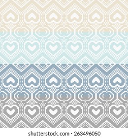 Seamless knitted pattern in Fair Isle style. Knit woolen jacquard ornament texture. Fabric color tracery background. Pixel art, embroidery.
