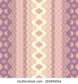Seamless knitted pattern in Fair Isle style. Knit woolen jacquard ornament texture. Fabric color tracery background. Pixel art, embroidery.
