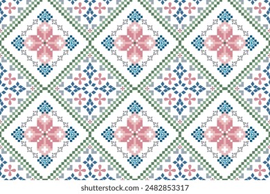 seamless knitted pattern. Floral pixel art embroidery on white background. Green, Geometric style, abstract, vector, illustration. Design for texture, fabric, clothing, decoration, surface print, tile