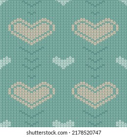 Seamless knitted pattern. green background with hearts. Color vector illustration. wool seamless background