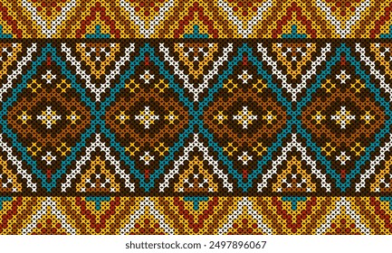 Seamless Knitted Pattern. Heart Cross Stitch Embroidery seamless pattern on background. Design for fashion texture,fabric,clothing,wrapping,print geometric ethnic oriental.