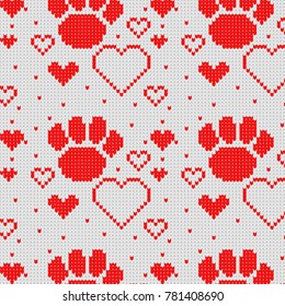 Seamless Knitted Pattern with heart and dog paw Background. Knitting Sweater Design