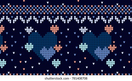 Seamless Knitted Pattern with hearts Background. Knitting Sweater Design
