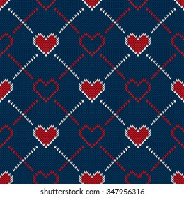 Seamless Knitted Pattern with Hearts. Valentine's Day Background