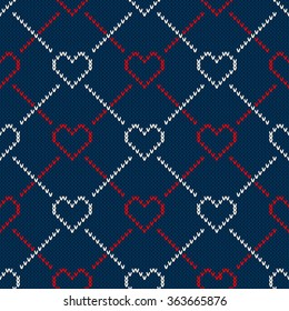 Seamless Knitted Pattern with Hearts. Valentine's Day Background