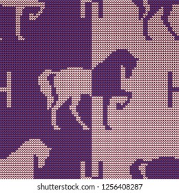 Seamless knitted pattern with horse image in blue and white colors.