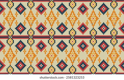 Seamless Knitted Pattern with intricate geometric embroidery. Perfect for fashion texture. Fabric prints, gift wrapping, mobile case. Inspired by ethnic and oriental art, adding elegance to any projec
