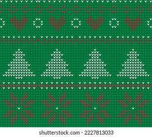 Seamless knitted pattern. Knitting illustration vector in green, red and white colors.