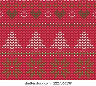 Seamless knitted pattern. Knitting illustration vector in green, red and white colors.