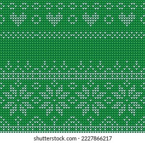 Seamless knitted pattern. Knitting illustration vector in green and white colors.