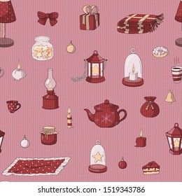 Seamless knitted pattern made of festive interior design elements (lanterns, tableware, candles) and deserts (cake, donut, tea). Endless texture for design. Vector illustration. For kids products.