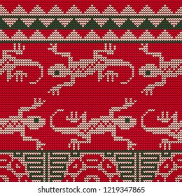 Seamless knitted pattern of the Mayan people. The picture of the lizards.