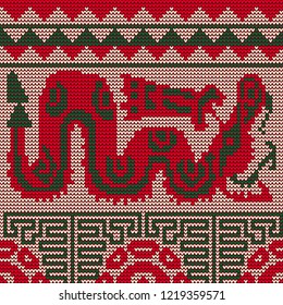 Seamless knitted pattern of the Mayan people. Image of the sacred dragon.
