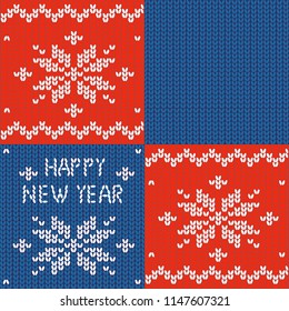 Seamless knitted pattern. New year print. Snowflake. Embroidery inscriptions. happy New Year. Knitted patchwork. Plaid. Vector.