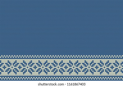 Seamless knitted pattern on a blue background. Ornament. Winter border. It can be used as a Christmas background. Vector illustration.