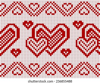 Seamless knitted pattern on a sweater with red hearts