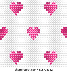 Seamless knitted pattern with pink hearts on a white background. Vector illustration
