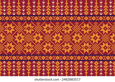 seamless knitted pattern. pixel art embroidery on red background. , Geometric style, abstract, vector, illustration. Design for texture, fabric, clothing, decoration, surface print, pillow, sarong