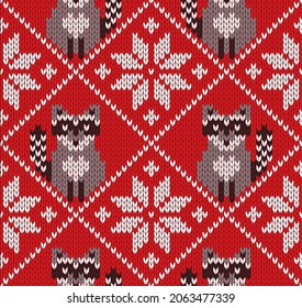 Seamless knitted pattern with raccoon and snowflakes. Red print for winter, New Year, Christmas