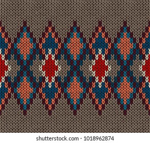 Seamless Knitted Pattern. Red Blue White Brown Color. Fashionable youth modern style.